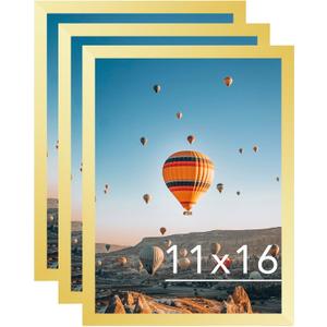 11x16 Gold Picture Frame Set of 3, Horizontal and Vertical Formats for Wall Hanging, 11 x 16 Wall Gallery Poster Photo Frames with Durable Shatter Resistant Plexiglass, 3 Pack, Gold