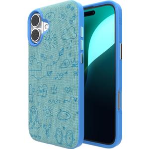 ZAGG London Snap Case for iPhone 16 Plus - Embroidered Doodle Fabric Design, MagSafe Compatible, 13ft Drop Protection with Graphene, Slim & Lightweight, Wireless Charging Compatible, Blue