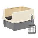 Amazon Basics Large Cat Litter Box with High Sides, Open Top for Easy Access, Includes Scoop with Storage, 19" x 15" x 11.75", Grey/ Beige