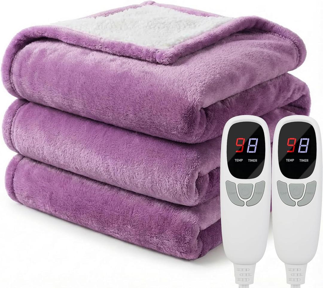 Heated Electric Blanket Queen Size 84"x90" Heating Blanket with Dual Control 9 Heating Levels 10 Timer Modes Auto Off, Fast Heating Over-Heat Protection Ultra Soft Flannel ETL Certified, Purple