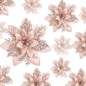 Geosar 24 Christmas Glitter Artificial Poinsettia Flowers Xmas Poinsettia Artificial Wedding Flowers Decorations Xmas Tree Ornaments with Clips for Party Favors, 6 Inch, 4 Inch, 3 Inch (Rose Gold)