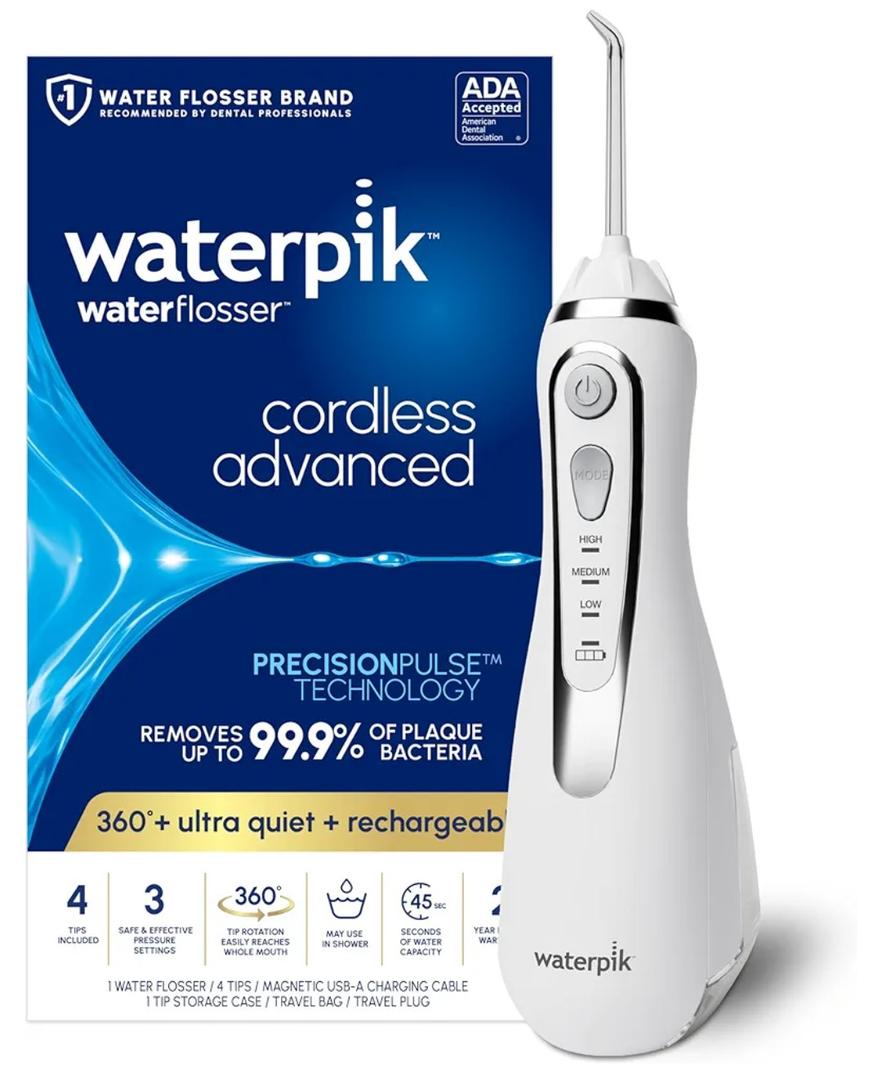 Waterpik Cordless Advanced 2.0 Water Flosser For Teeth, Gums, Braces, Dental Care With Travel Bag and 4 Tips, ADA Accepted, Rechargeable, Portable, and Waterproof, White WP-580, Packaging May Vary