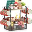 EsLuker.ly Coffee Mug Cup Holder Stand Bar Station Organizer for Countertop, Multi-Functional 2 Tier Mug Tree Rack for Kitchen, Storage Shelf with 12 Hooks, Light Grey-Black(Patented Design)
