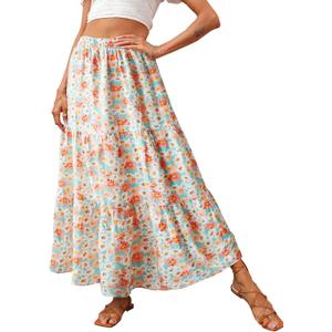KIRUNDO Women 2026 Spring Summer High Waist Boho Floral Maxi Skirt Trendy Casual Flowy Swing Pleated A Line Beach Long Skirts (M)