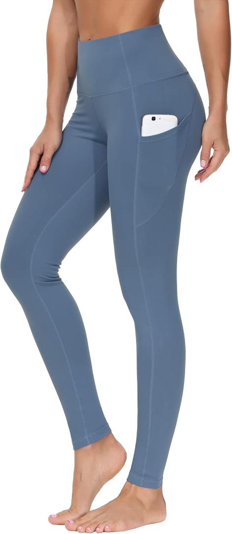 THE GYM PEOPLE Thick High Waist Yoga Pants with Pockets, Tummy Control Workout Running Yoga Leggings for Women (Large, Grey Blue)