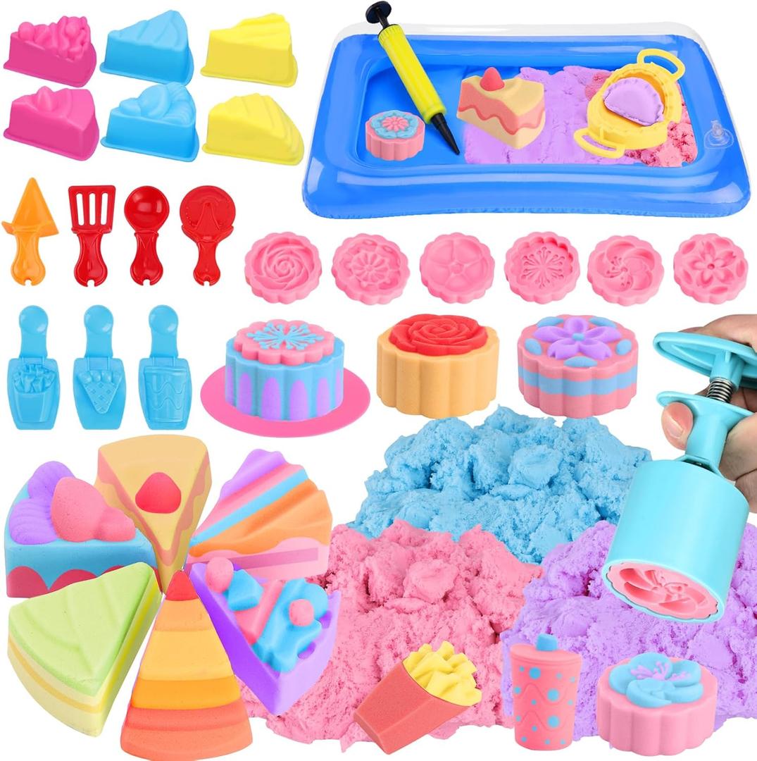 Cake Play Sand Toys, Sensory Bin with 3 Colors Sand, Inflatable Sandbox & Air Pump, 12 Cake & 5 Shaped Molds, Tools, Art Kit Gift for Kids Toddlers Girls Boys Ages 3 4 5 6 7 8 9 Years Old