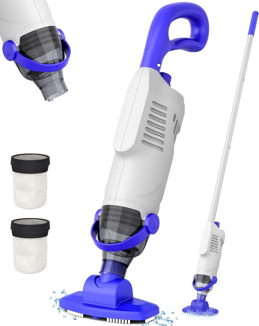 Cordless Pool Vacuum for Above Ground Pool, 60W Rechargeable Handheld Pool Vacuum Cleaner with Pole & 18GPM Suction, Spa Vacuum for Hot Tub, Above Ground/Inground Pools (White)