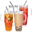 33oz Glass Tumbler with Lid and Straw, 4 Pack Glass Cup with Handle, Iced Coffee Cups, Thick Drinking Glasses Set, Clear Travel Mug for Hot and Cold Beverage, Drinks, Tea, Smoothie