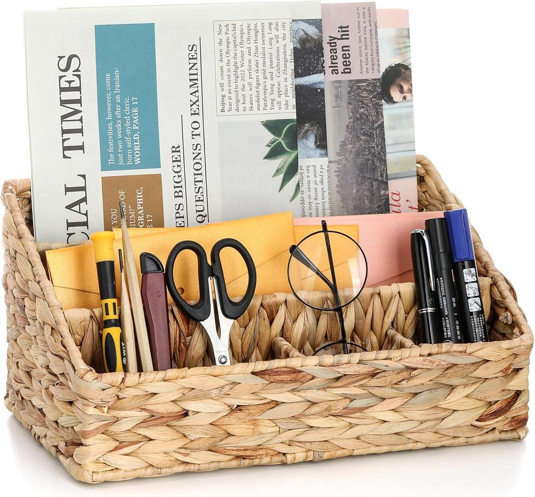 Desk Organizer  Countertop Mail Organizer, Magazine Holder, Boho Decor Water Hyacinth Desk Mail Holder for Home Office, Farmhouse, 12.6" L x 6.7" W x 6.3" H