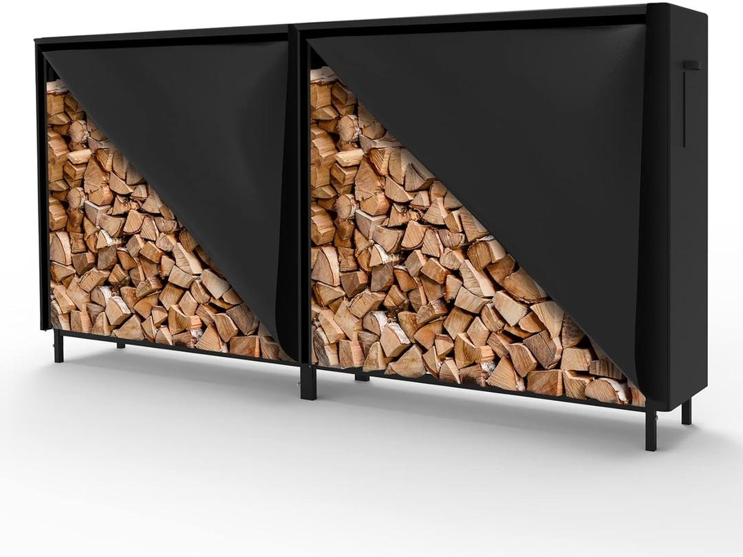 WALMANN 8ft Firewood Rack with Cover, Heavy Duty Firewood Rack With Weather Resistant 600D Oxford Fabric Cover, Indoor/Outdoor Wood Rack for Firewood (Black)