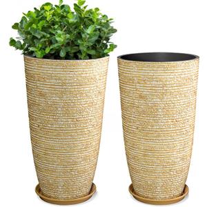 QCQHDU Set of 2 9 Gallon Tall Large planters for Outdoor/Indoor Plants of 12" Dia x 21" H Round Flower Pots Set Faux Stone Finish Front Door Patio Square Porch Planters with Tray, Beige, 21IN