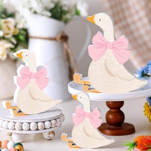 3 Pcs Silly Goose Birthday Party Decoration Pink Bow Wooden Silly Goose Baby Shower Decor Funny Table Centerpiece Gift for Party Favor Desk Tiered Tray, 5.9/4.7/3.9 Inch