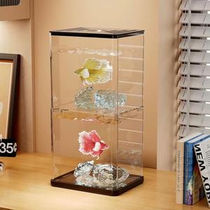 Small Betta Fish Tank, 2-Pack 0.3 Gallon Mini Aquarium with Adjustable Base Light & Gravels & Resin Crystal, Acrylic Fish Bowl for Desk Homes or Offices, Ideal for Beta Fish,Goldfish (Black - 2 Pack)