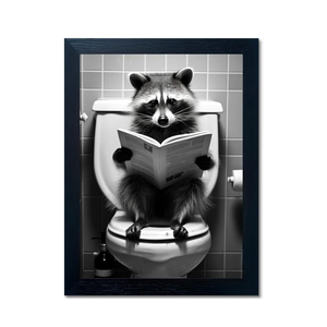 Cute Raccoon Reading Newspaper Canvas Wall Art Picture, Funny Bathroom Wall Art Decor, Humor Farmhouse Animal Wall Art, Modern Wrapped Canvas Prints Black Framed Ready to Hang 16"x20"