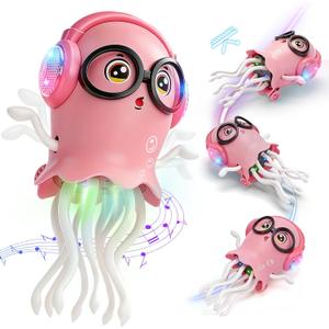 GONINO DJ Dancing Jellyfish Baby Girl Toys, Musical Crawling Tummy Time Toys with LED Light & Smart Obstacle Avoidance, 360 Spin Sensory Toys for Toddlers Kids, Birthday Gifts for Girls, Pink