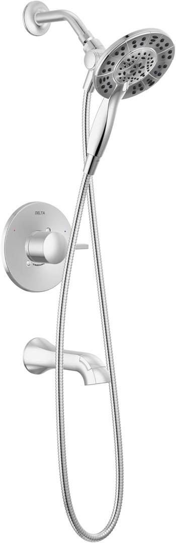 Delta Faucet Albion 14 Series Single-Handle Tub and Shower Faucet Set, Chrome Shower Trim Kit with 4-Setting In2ition 2-in-1 Dual Hand Held Shower Head, Chrome T144855-I (Valve Not Included)