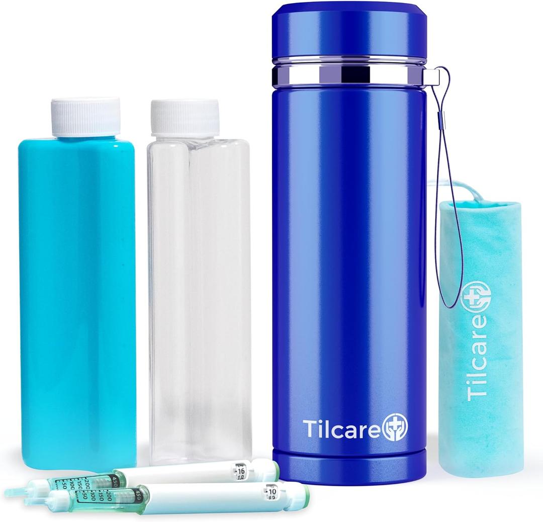 Insulin Cooler Travel Case by Tilcare - 74H Reusable Pen Freezer Bottle - Large TSA Approved Hard Shell Medication Cooling Case - Emergency 14H Bottle - Holds up to 4 Diabetic Pens and Medical Vials