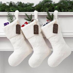 Shinymoon 3 Pcs Large 21 Inch Beige Plush Faux Fur Christmas Stocking with Wooden Name Tags, Personalized Luxury Thick Fuzzy Xmas Stocking for Fireplace Mantel Stair Railings Holiday Party Decor