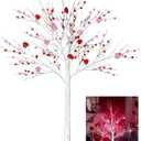 4 FT Birch Tree with Lights, Lighted Birch Tree with Heart Berry Ornaments 48 Led Red Pink Lights Artificial Valentines Day Tree for Gifts Home Indoor Decoration