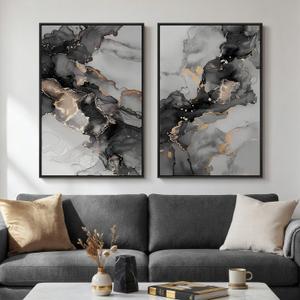 Framed Abstract Black and Gold Wall Art for Living Room, Set of 2 Large Modern Canvas Paintings Prints, Contemporary Marble Motifs Picture Artwork for Bedroom Office Hallway Wall Decor, 24x36 Inch