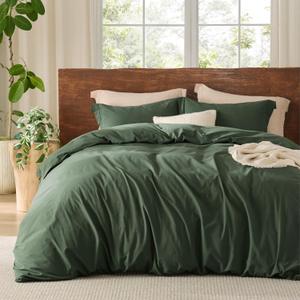 Bedsure 100% Washed Cotton Duvet Cover King Size - Olive Green Minimalist Cotton Duvet Cover Linen Like for All Seasons - GentleSoft Plain Simple Bedding, 3 Pieces (Olive Green, King, 104"x90")