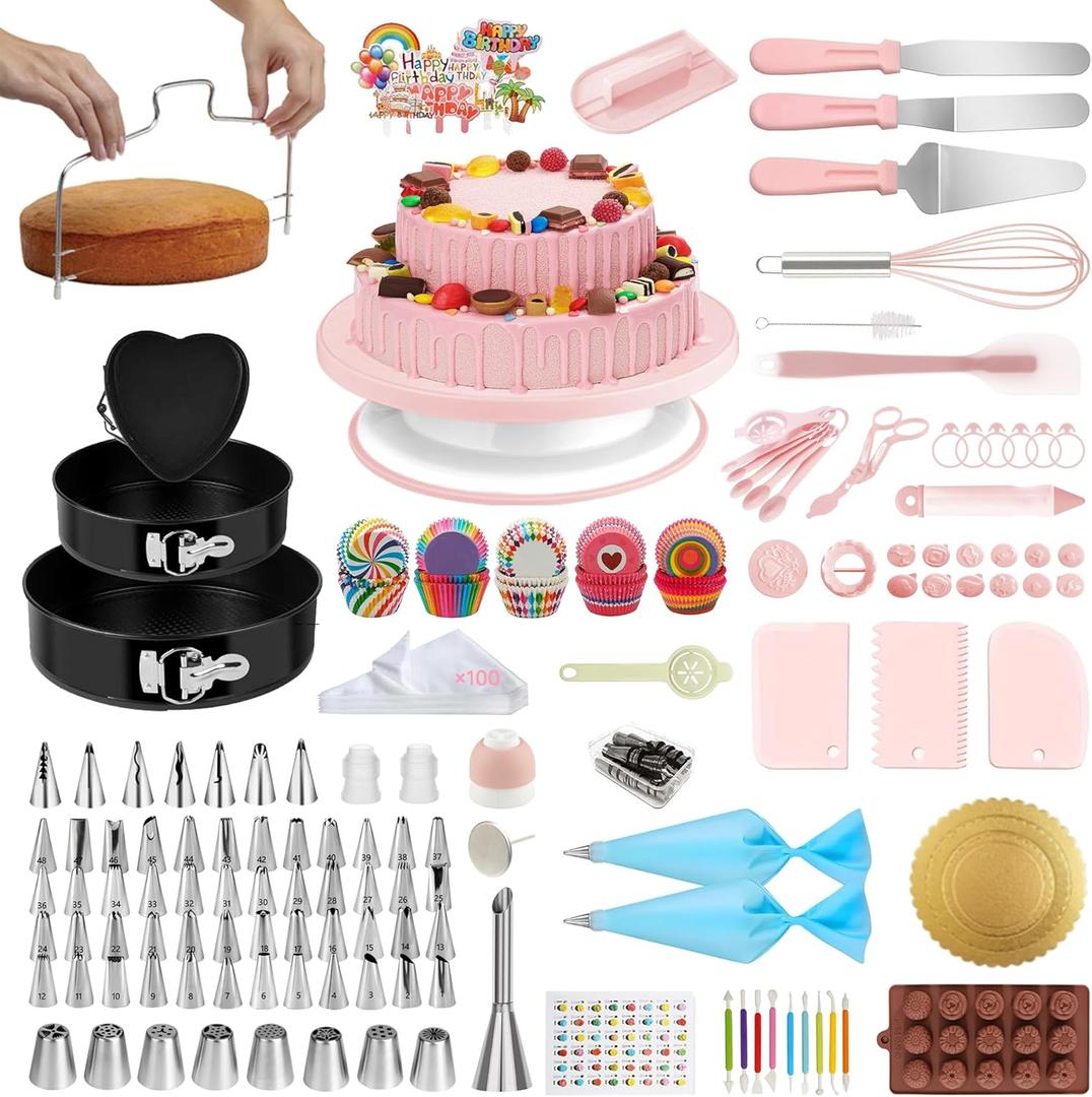 Cake Decorating Kit - Cake Turntable for Decorating with Baking Springform Pans, Cake Leveler, Numbered Piping Tips, 2 Spatulas, Baking Supplies Tools (Light Pink)