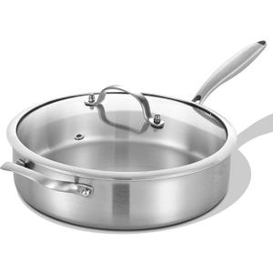 LOLYKITCH 5 Quarts Tri-Ply Stainless Steel Saut Pan wih Lid, 12 Inch Deep Frying Pan,Jumbo Cooker,Induction Cooking Pan,Dishwasher and Oven Safe,Detachable Handle.