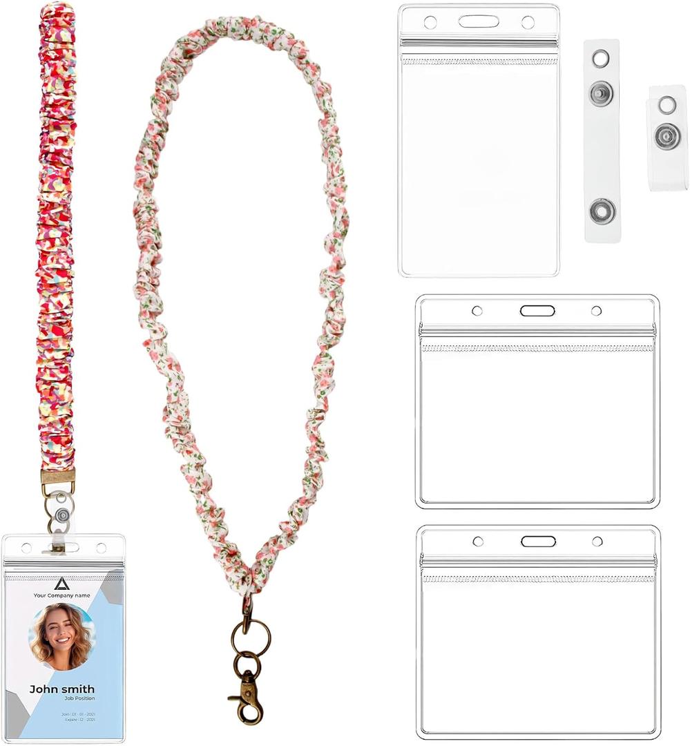 2 Set Scrunchie Lanyard for ID Card Neck Lanyard Set with 4Pcs Acrylic Cards and Scrunchie Keychain Wristlet for Teacher Nurses School Office