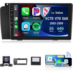 2+64G for Volvo XC70 V70 S60 2005-2009 Car Radio with Wireless Carplay/Android Auto,Android Car Stereo 9 Inch Touch Screen GPS Navigation WiFi Bluetooth FM/RDS Mirror Link SWC +Backup Camera&Mic