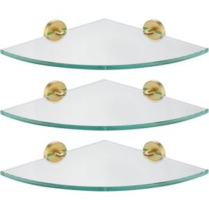 JQK Corner Glass Shelf, Brushed Gold Bathroom 304 Stainless Steel Shower Triangle Floating Wall Shelf, 10 x 10 Tempered Glass, 3 Pack, TGS190L10-BG-P3