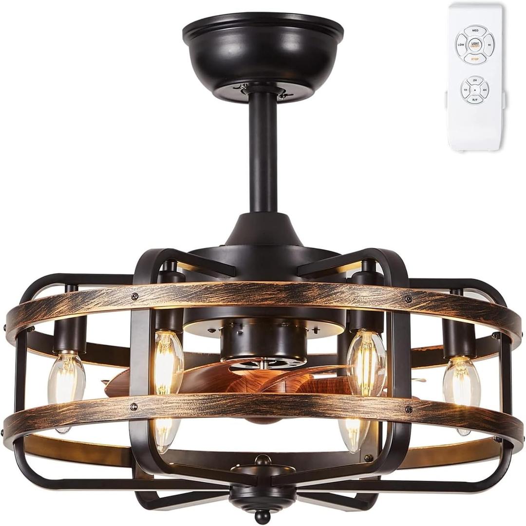 Caged Ceiling Fans with Lights Black Farmhouse 18 Flush Mount Bladeless Rustic Chandeliers Fan Lights with Remote Vintage Reversible Ceiling Fan for Living Room Bedroom Kitchen 6 Light Bulb Base E12