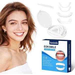 Adjustable Fake Teeth Veneers Kit Instant Smile Covers for Broken or Missing Teeth, Natural Fit Cosmetic Dental Veneers, Upper & Lower Temporary Tooth Cover Set