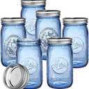 Tebery 6 Pack Vintage Blue Home Mason Jars with Airtight lids & Bands, 32Oz Wide Mouth Quart Glass Canning Jar for Fermenting, Pickling, Storage, DIY Crafts & Decor