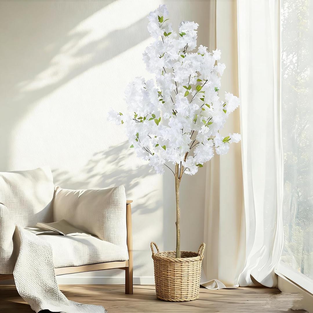 6FT Artificial Cherry Blossom Tree, Realistic Fake Cherry Blossom Tree in Pot, Decorative Faux Sakura Tree for Indoor Home Decor, Garden, Wedding, Party, Office (White)