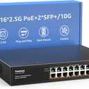 YuanLey 18 Port 2.5G PoE Switch Unmanaged, 16 x 2.5G Base-T PoE Ports, 2 x 10G SFP+, IEEE802.3af/at, 250W, Compatible with 100/1000/2500Mbps, Metal Case, Desktop/Rack Mount 2.5Gbe Network Switch
