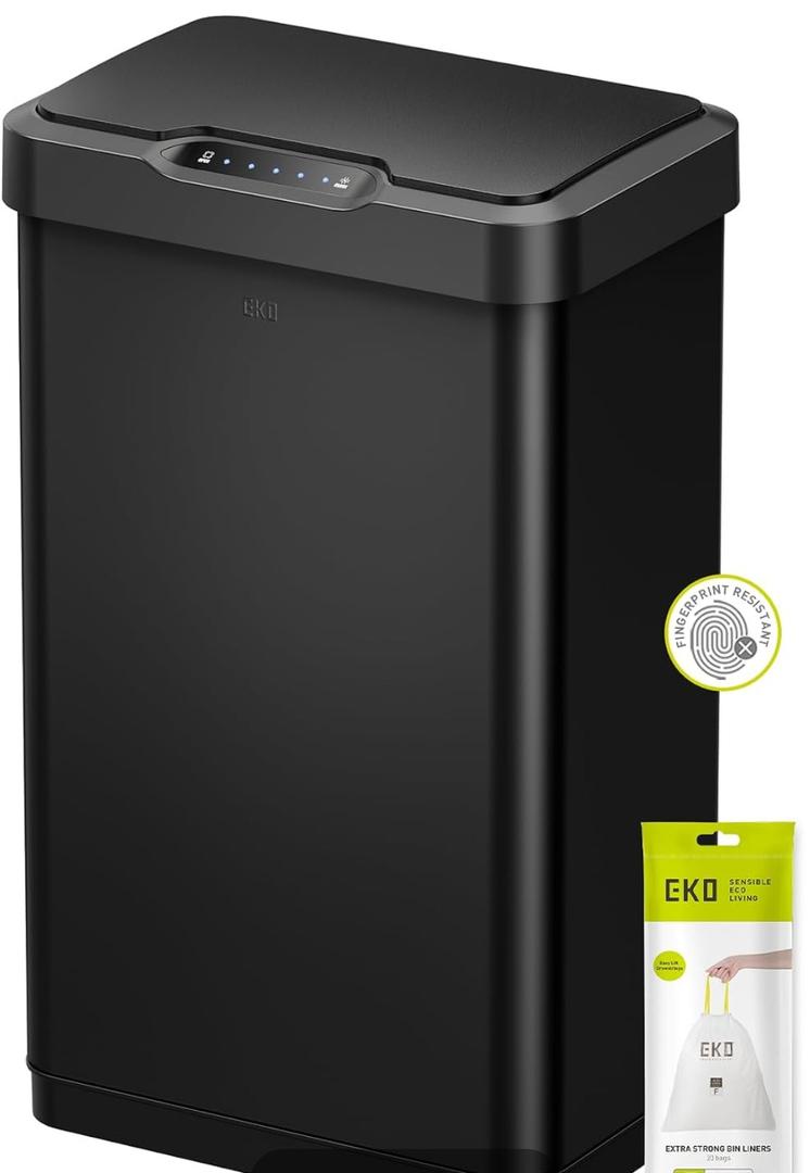 EKO Mirage-T 50 Liter / 13.2 Gallon Touchless Rectangular Motion Sensor Trash Can, Brushed Stainless Steel Finish (Matte Black)