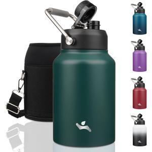 Half Gallon Jug with Handle,64 oz Insulated Water Bottle with Carrying Pouch,Double Wall Vacuum Stainless Steel Metal Bottle,Dark Green