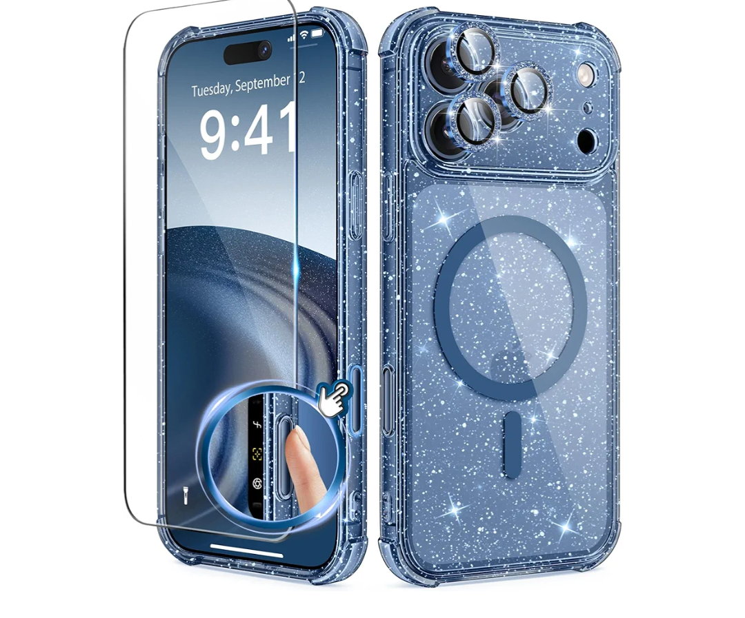 BERFY for iPhone 17 Pro Max Case for Women, Compatible with MagSafe, Clear Glitter Shockproof Protective Case, Anti-Yellowing, with Screen Protector & 3 Diamond Camera Lens Covers 6.9", Sparkle Blue