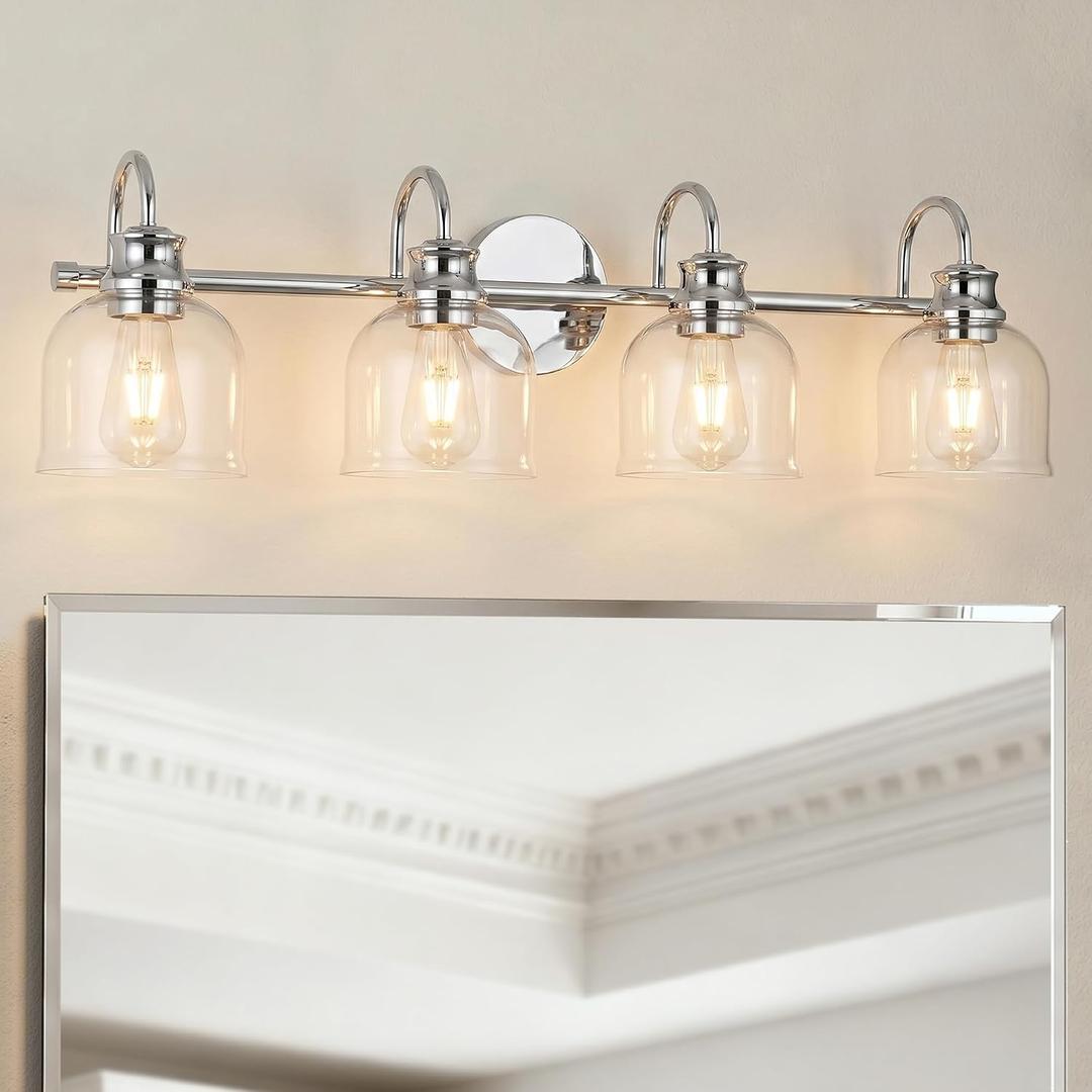 URSOLA 4 Lights 32" Bathroom Vanity Light Fixtures, Chrome Traditional Classic Vanity Light with Clear Glass, Bathroom Lighting Fixtures Over Mirror