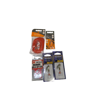 Fishing Accessories Lot - South Bend Poly Stringer & Hook, Zak Tackle Beads (Size 4, 120 PCs), Danielson Niagara Spin Lures (2 Pack), Assorted Terminal Tackle Set