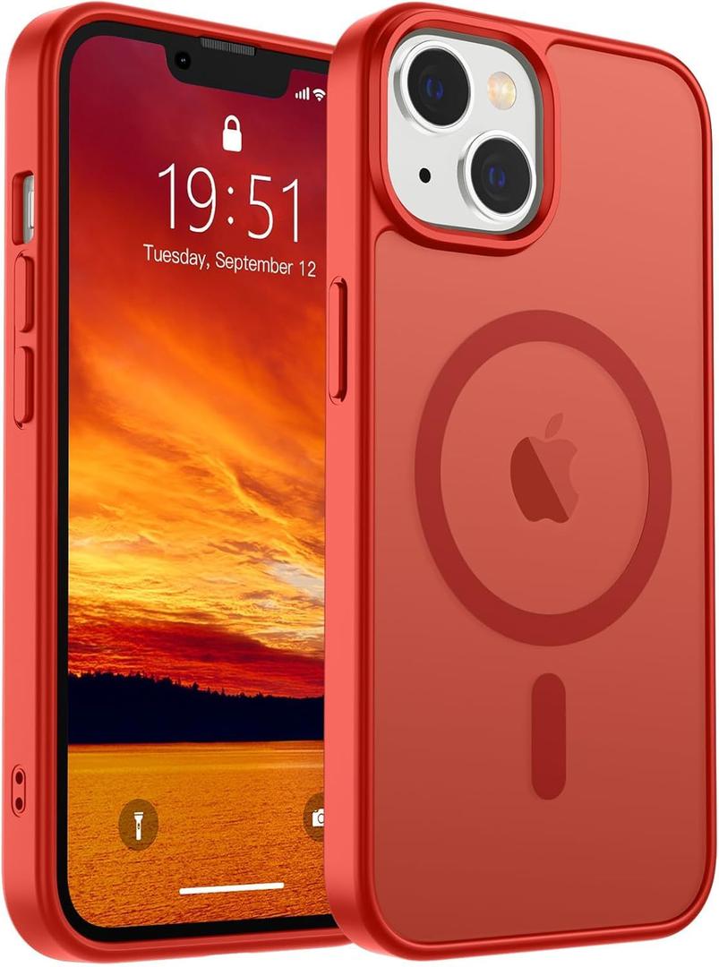 SUPFINE Magnetic for iPhone 14 Case & iPhone 13 Case (Compatible with MagSafe)(Military Grade Drop Protection) Slim Translucent Matte Shockproof Phone Cover,Red