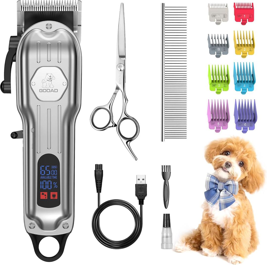 Dog Grooming Kit for Heavy Thick Hair & Coats, Low Noise Dog Hair Trimmer, Rechargeable Cordless Pet Shaver with Stainless Steel Blade, Dog Clippers for Grooming for Small Large Dogs Pets (Sliver)