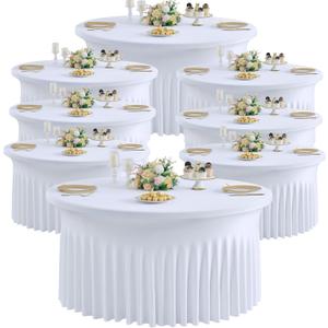8 Pack Wrinkle Free White Round Spandex Tablecloth for 60 in Tables,Thick High Stretch 120 in Fitted 5ft Round Table Cloths,Elastic Ruffle Skirt Round Spandex Table Covers for Wedding Party Dinning