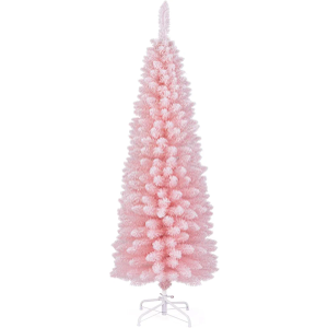 DORTALA 5 FT Pencil Christmas Tree Pink, Unlit Artificial Slim Xmas Full Tree with 328 Branch Tips, Folding Metal Stand, Flocked Skinny Decor Tree for Home Office Party