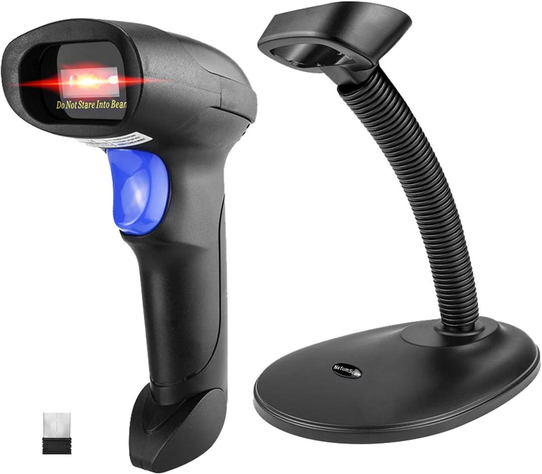 NetumScan Wireless Barcode Scanner with Stand, Portable Automatic Barcode Reader 2-in-1 (2.4G Wireless & USB 2.0 Wired QR Code Scanner for Warehouse POS and Computer (1D)