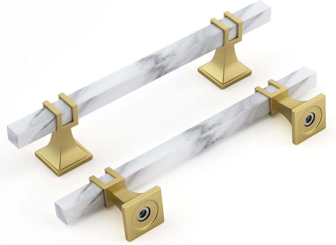 Rergy Cabinet Handles Marble Drawer Pulls and Knobs, 10Pack White Marble & Matte Gold &Square 5inch Hole Center, T-Bar Hardware for Kitchen Dresser Zinc Alloy Furniture
