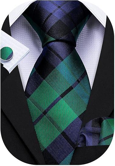 Barry.Wang Designer Classic Ties for Men Set Formal Pocket Square Cufflink Check Plaid