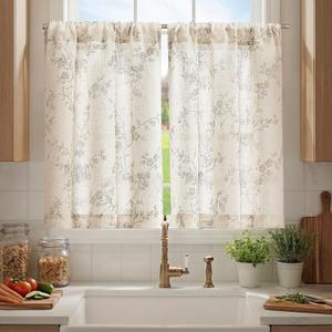 jinchan Floral Kitchen Curtains 36 Inch Linen Tier Curtains Farmhouse Cafe Half Window Drapes Over Sink Light Filtering for Living Room Laundry RV Rod Pocket 2 Panels Grey on Beige
