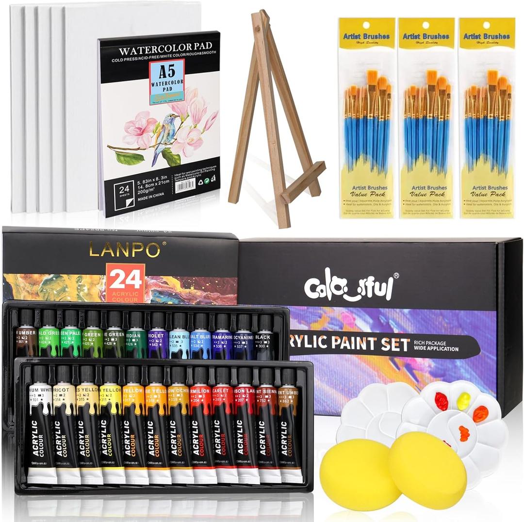 Colorful Acrylic Painting Kit - Paint Supplies Set with 24 Colors, 30 Brushes, 5 Canvases, 1 Pad, 2 Palette, 2 Sponge & 1 Wood Easel - Art Acrylic Paint Set for Beginners, Kids, Adults