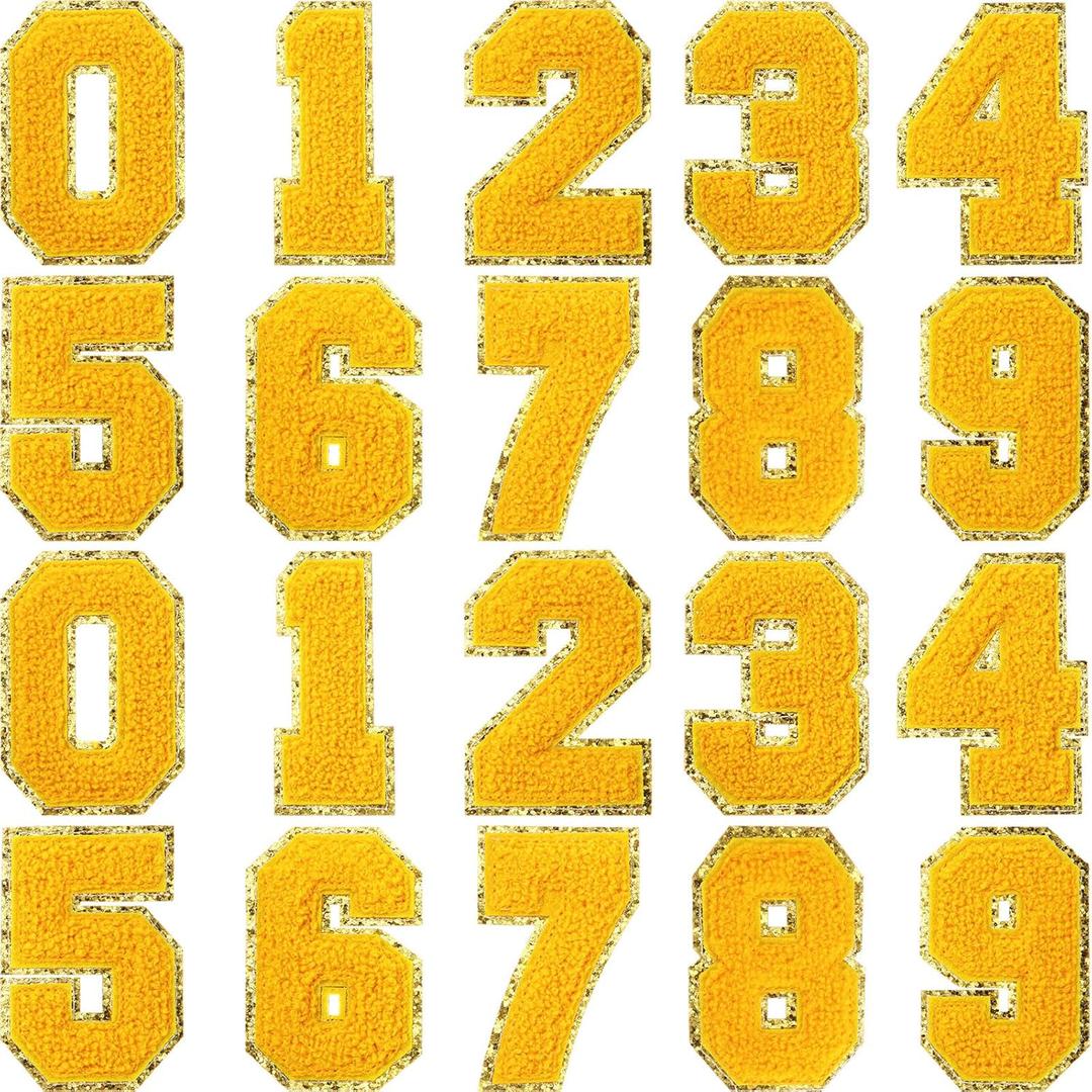 20 Pcs 3.15 in Chenille Iron on Numbers Embroidery Patches with Glitter Sequins Sew 0-9 Applique for Team Uniform Sports T-Shirt Football Jeans Bags Decors(Yellow)